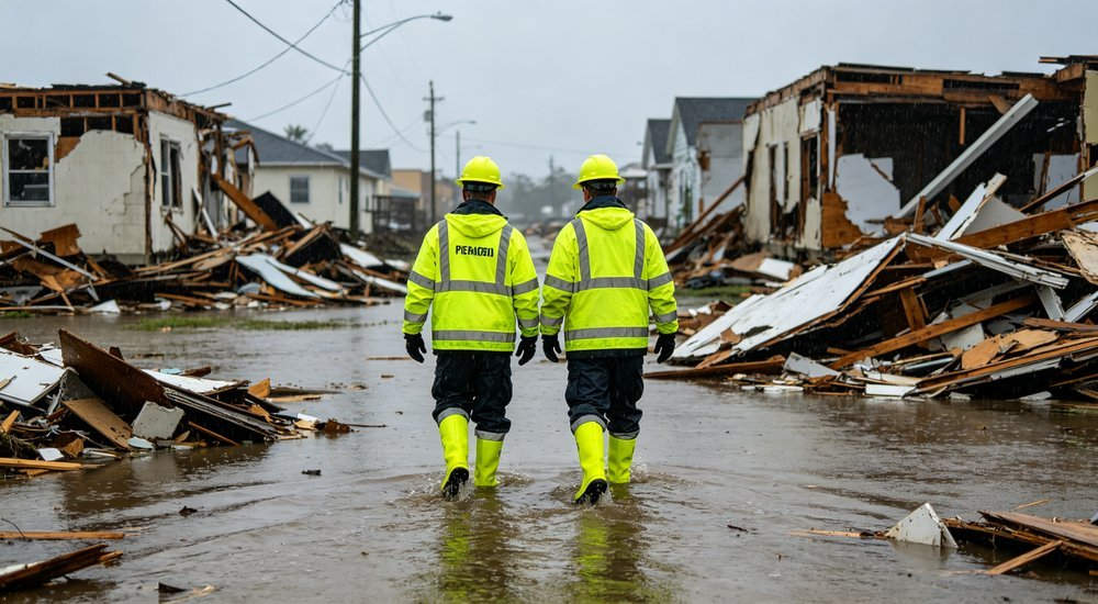 Hurricane recovery emergency response worker in high-visibility rain boots on a storm debris field, full-body angled view showing reflective strips and waterproof upper, disaster relief boots wholesale supplier Hurricane recovery emergency response worker in high-visibility rain boots on a storm debris field, full-body angled view showing reflective strips and waterproof upper, disaster relief boots wholesale supplier