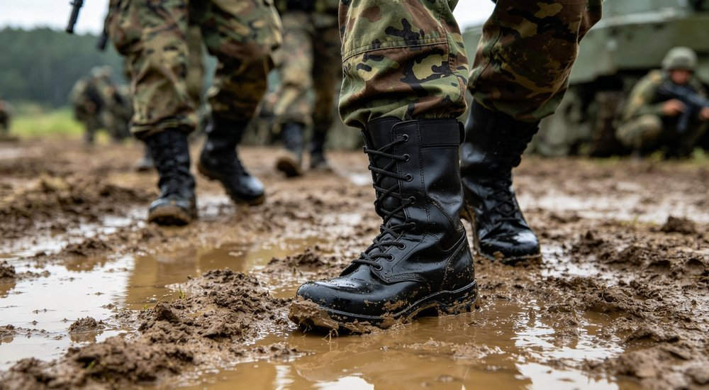 Military soldiers in tactical black rain boots on muddy field training terrain, side view showing reinforced protective toe and waterproof polymer upper, tactical wellington boots bulk from manufacturer Military soldiers in tactical black rain boots on muddy field training terrain, side view showing reinforced protective toe and waterproof polymer upper, tactical wellington boots bulk from manufacturer