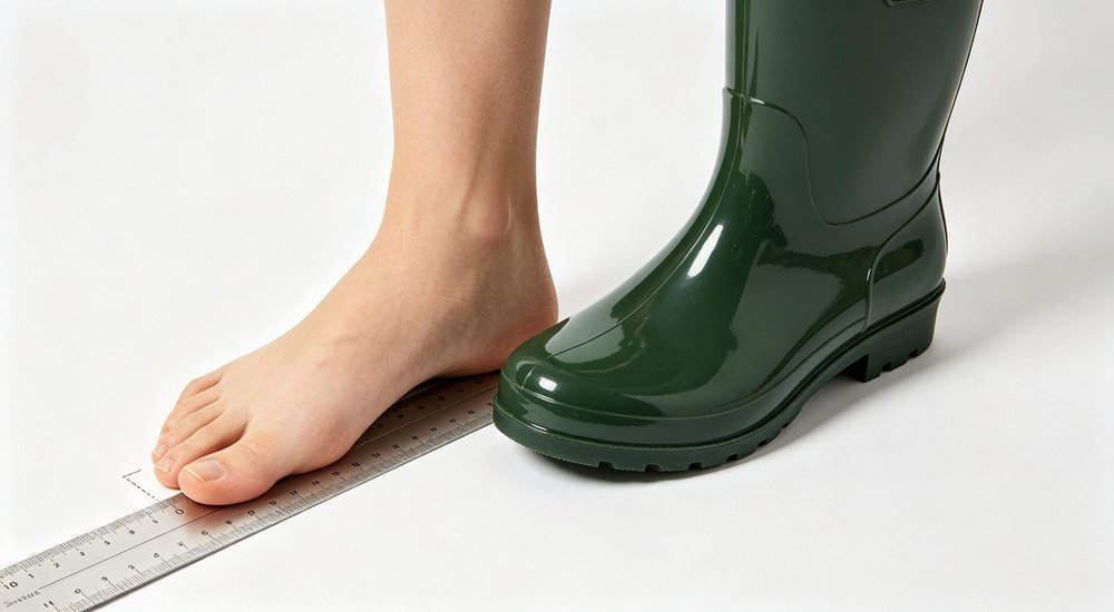 Foot length measurement demonstration for rain boot sizing guide, top-down view of ruler and accurate fit technique, wholesale footwear size chart support from China supplier Foot length measurement demonstration for rain boot sizing guide, top-down view of ruler and accurate fit technique, wholesale footwear size chart support from China supplier