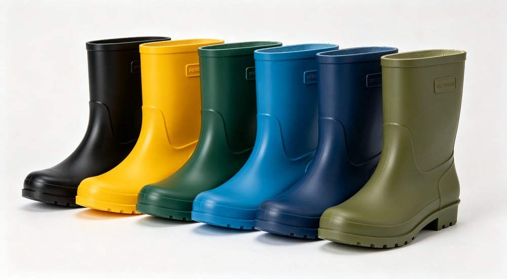 Rain boots in multiple colors including black, yellow, green, blue and olive drab, straight-on collection view of customizable waterproof polymer uppers, OEM color options wholesale supplier Rain boots in multiple colors including black, yellow, green, blue and olive drab, straight-on collection view of customizable waterproof polymer uppers, OEM color options wholesale supplier