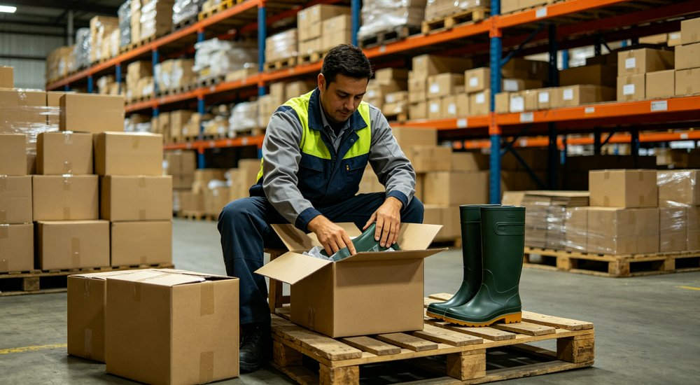 Warehouse worker packing rain boots into export cartons for shipping logistics, angled view of waterproof footwear being palletized, wholesale order fulfillment from China supplier Warehouse worker packing rain boots into export cartons for shipping logistics, angled view of waterproof footwear being palletized, wholesale order fulfillment from China supplier