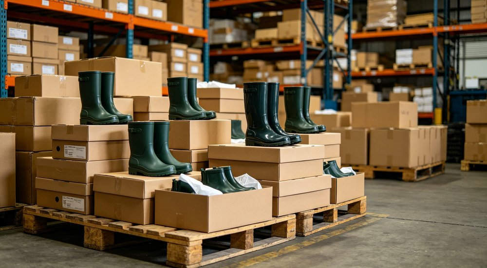 Rain boots packed in export cartons at a warehouse for bulk order shipment, angled view of corrugated boxes and palletized waterproof footwear, wholesale logistics supply from China manufacturer Rain boots packed in export cartons at a warehouse for bulk order shipment, angled view of corrugated boxes and palletized waterproof footwear, wholesale logistics supply from China manufacturer