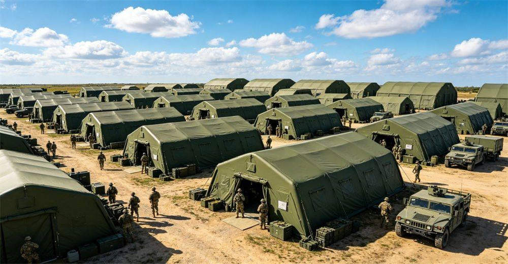 Aerial 45-degree view of a complete military field camp with multiple inflatable tents arranged in tactical formation, showing command post, logistics area and personnel activity zones in operational environment Aerial 45-degree view of a complete military field camp with multiple inflatable tents arranged in tactical formation, showing command post, logistics area and personnel activity zones in operational environment