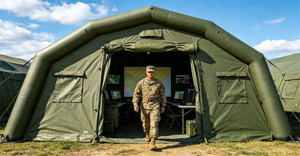 Front eye-level close-up of a military command post inflatable tent with entrance open, showing rugged olive green PVC exterior, reinforced door frame and tactical deployment setup ready for field operations Front eye-level close-up of a military command post inflatable tent with entrance open, showing rugged olive green PVC exterior, reinforced door frame and tactical deployment setup ready for field operations