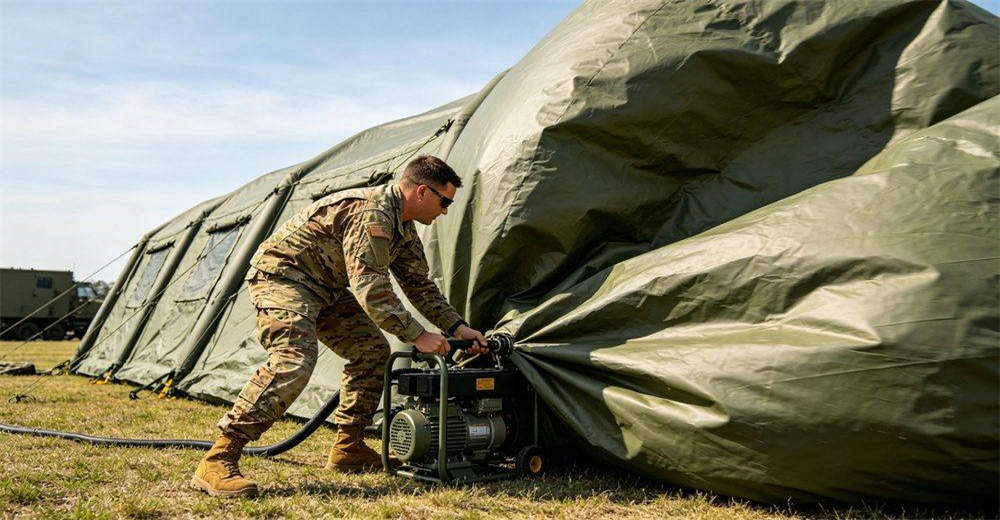 Side 45-degree view of soldiers rapidly deploying and inflating a military tent with electric pump, demonstrating quick setup capability, teamwork and efficient field deployment process in operational conditions Side 45-degree view of soldiers rapidly deploying and inflating a military tent with electric pump, demonstrating quick setup capability, teamwork and efficient field deployment process in operational conditions