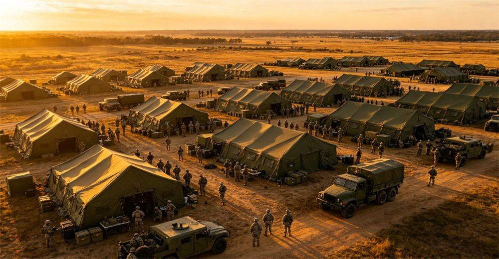 Aerial overhead view of a complete military field camp at dusk with warm golden lighting, showing multiple inflatable tents, vehicle parking, perimeter security and organized tactical layout in field environment Aerial overhead view of a complete military field camp at dusk with warm golden lighting, showing multiple inflatable tents, vehicle parking, perimeter security and organized tactical layout in field environment