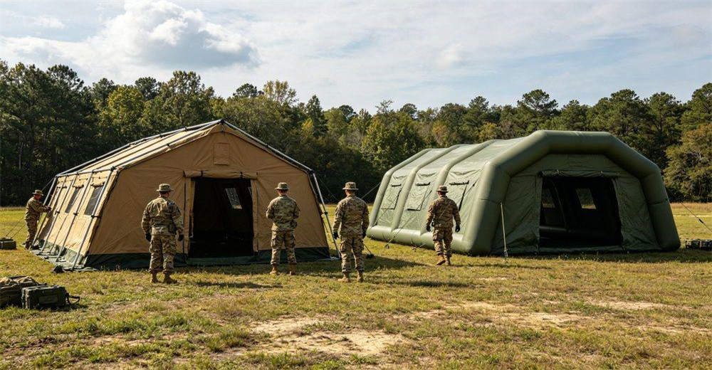 Timeline display showing complete military tent deployment process from folded storage to fully inflated operational state, with each step clearly illustrated including unpacking, inflation, securing and final inspection Timeline display showing complete military tent deployment process from folded storage to fully inflated operational state, with each step clearly illustrated including unpacking, inflation, securing and final inspection