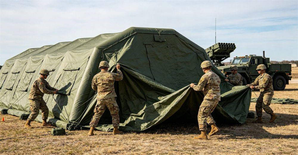 Close-up of electric air pump actively inflating a military tent, showing high-pressure airflow, durable construction, portable design and efficient inflation capability for rapid field deployment in operational conditions Close-up of electric air pump actively inflating a military tent, showing high-pressure airflow, durable construction, portable design and efficient inflation capability for rapid field deployment in operational conditions