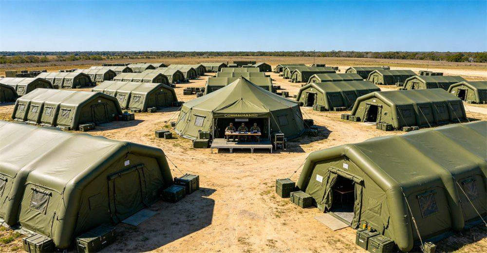 Command tent positioned centrally in tactical camp layout, surrounded by support tents and security perimeter, showing optimal command post placement for efficient communication, coordination and control of field operations Command tent positioned centrally in tactical camp layout, surrounded by support tents and security perimeter, showing optimal command post placement for efficient communication, coordination and control of field operations