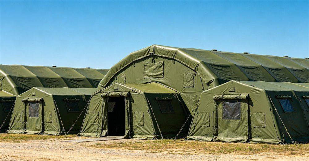 Multiple inflatable tents combined into modular camp system, showing interconnected command, living and logistics units with connecting corridors, demonstrating scalable field shelter solution for varying operational requirements Multiple inflatable tents combined into modular camp system, showing interconnected command, living and logistics units with connecting corridors, demonstrating scalable field shelter solution for varying operational requirements