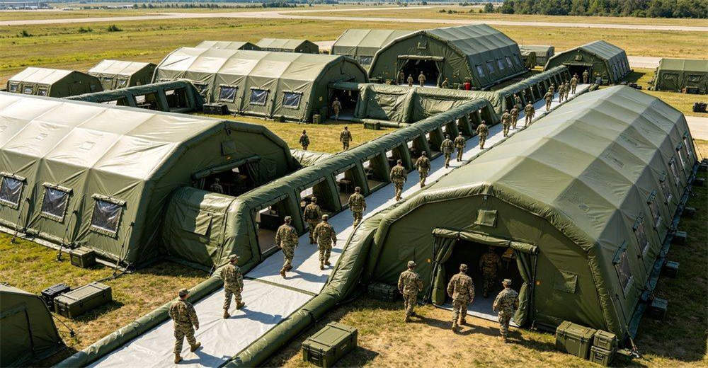 Connecting corridor between multiple military inflatable tents, showing modular connection design with sealed joints, weatherproof sealing and easy assembly, enabling rapid expansion of field shelter capacity in operations Connecting corridor between multiple military inflatable tents, showing modular connection design with sealed joints, weatherproof sealing and easy assembly, enabling rapid expansion of field shelter capacity in operations