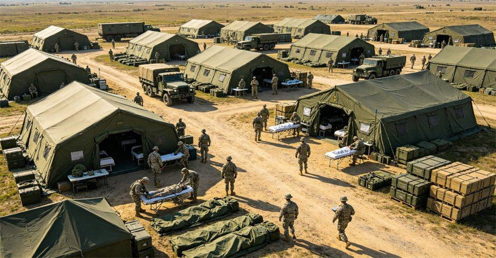 Military camp showing functional zoning with separate areas for command, logistics, medical treatment, living quarters and equipment storage, demonstrating organized layout for efficient field operations and personnel support Military camp showing functional zoning with separate areas for command, logistics, medical treatment, living quarters and equipment storage, demonstrating organized layout for efficient field operations and personnel support