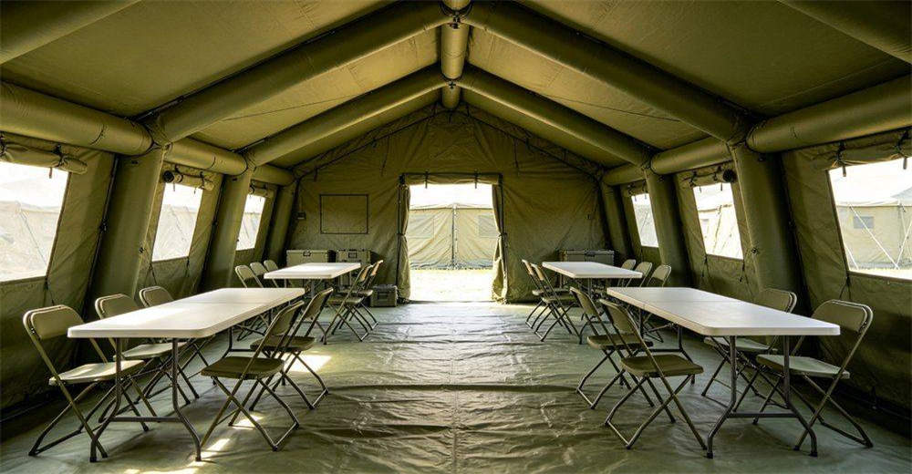 Real interior view of military inflatable tent showing spacious and bright internal space with adequate headroom, natural lighting from windows, organized layout and comfortable environment for command operations and personnel rest Real interior view of military inflatable tent showing spacious and bright internal space with adequate headroom, natural lighting from windows, organized layout and comfortable environment for command operations and personnel rest