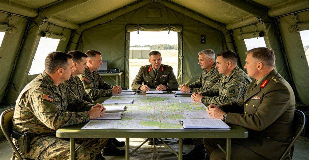Military officers conducting command meeting inside inflatable tent, showing discussion around tactical table with communication equipment, laptops and operational maps, demonstrating efficient field command and coordination capability Military officers conducting command meeting inside inflatable tent, showing discussion around tactical table with communication equipment, laptops and operational maps, demonstrating efficient field command and coordination capability
