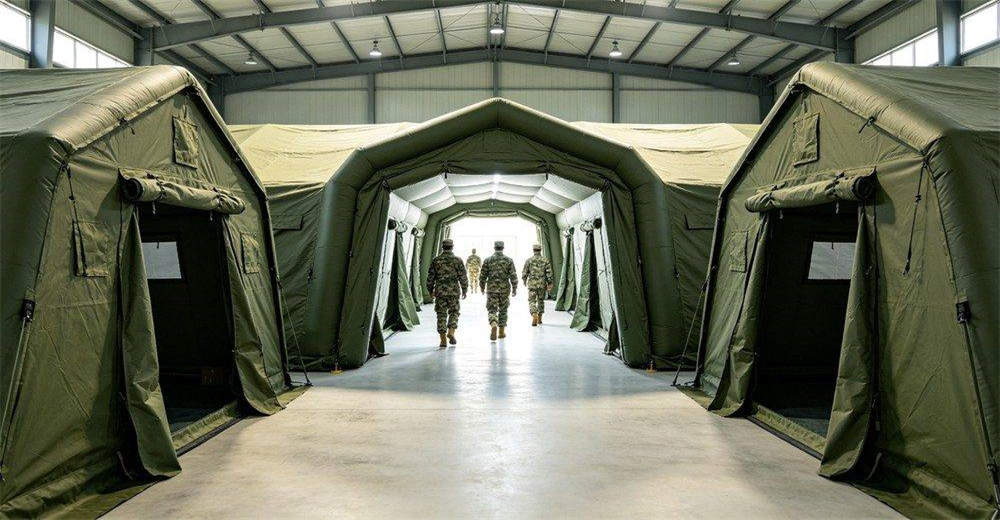 Interior view of connecting corridor between military inflatable tents, showing personnel walking through spacious passage with sealed connections, demonstrating modular camp connectivity and efficient movement between functional areas Interior view of connecting corridor between military inflatable tents, showing personnel walking through spacious passage with sealed connections, demonstrating modular camp connectivity and efficient movement between functional areas