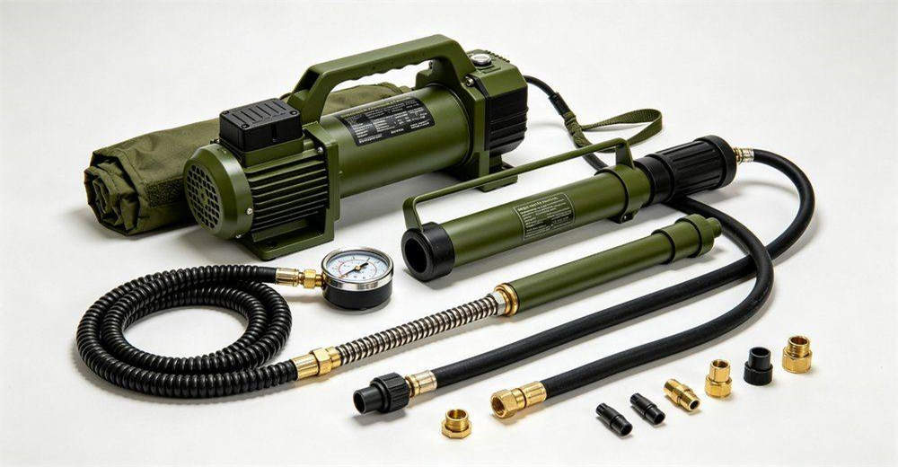 Display of inflation pump accessories including electric high-pressure pump, manual backup pump, pressure gauge, hoses and connectors, showing complete inflation system for reliable military tent deployment in various field conditions Display of inflation pump accessories including electric high-pressure pump, manual backup pump, pressure gauge, hoses and connectors, showing complete inflation system for reliable military tent deployment in various field conditions