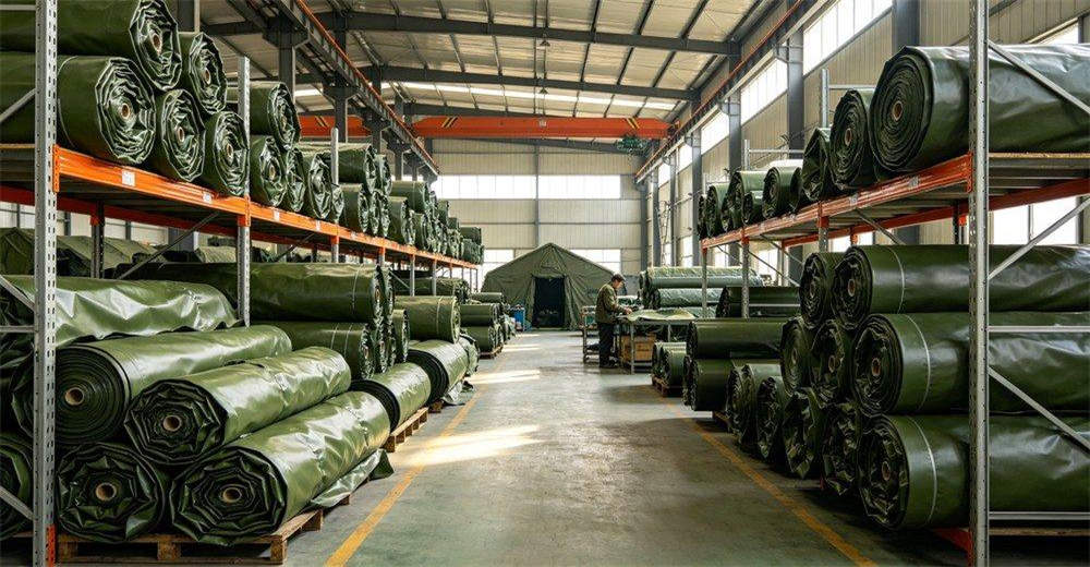 Factory raw material warehouse showing organized rolls of military-grade olive green PVC fabric, quality inspection labels and inventory management, demonstrating reliable material sourcing for manufacturing high-performance field shelter products Factory raw material warehouse showing organized rolls of military-grade olive green PVC fabric, quality inspection labels and inventory management, demonstrating reliable material sourcing for manufacturing high-performance field shelter products