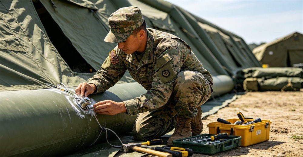 Technical specifications display for military inflatable tent showing dimension annotations, capacity ratings, material specifications and performance parameters, demonstrating comprehensive product data for informed procurement and field deployment decisions Technical specifications display for military inflatable tent showing dimension annotations, capacity ratings, material specifications and performance parameters, demonstrating comprehensive product data for informed procurement and field deployment decisions