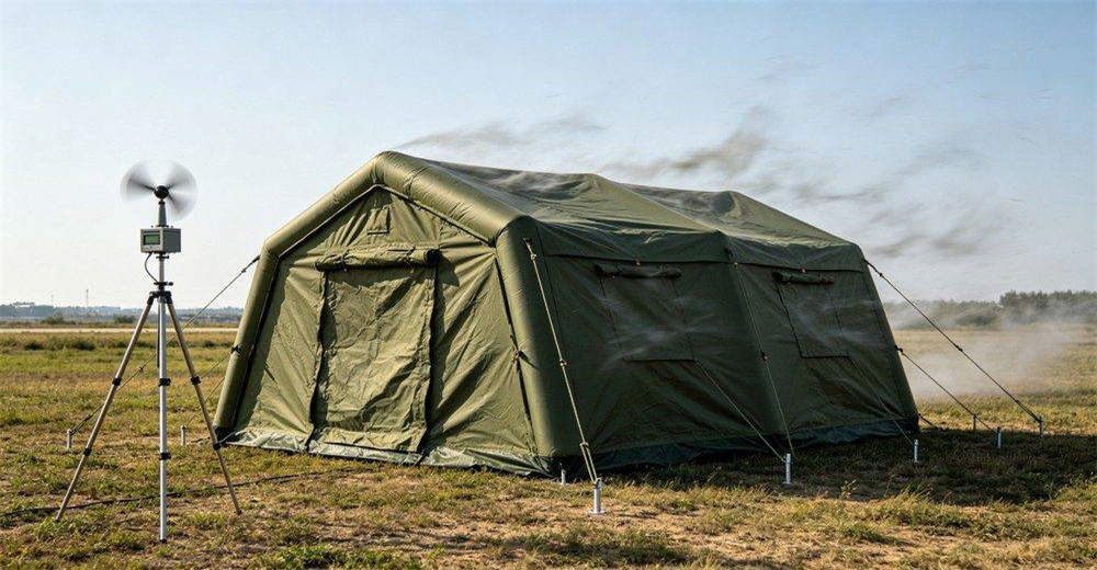 Wind resistance performance test of military inflatable tent in strong wind environment, showing tent maintaining structural stability with secured ground stakes and tensioned ropes, demonstrating reliable field performance in adverse weather conditions Wind resistance performance test of military inflatable tent in strong wind environment, showing tent maintaining structural stability with secured ground stakes and tensioned ropes, demonstrating reliable field performance in adverse weather conditions