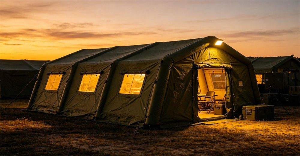 Nighttime usage scene of military inflatable tent with warm interior lighting glowing through windows, exterior security lighting and personnel activity, demonstrating comfortable and functional field shelter for 24-hour continuous operations in dark conditions Nighttime usage scene of military inflatable tent with warm interior lighting glowing through windows, exterior security lighting and personnel activity, demonstrating comfortable and functional field shelter for 24-hour continuous operations in dark conditions