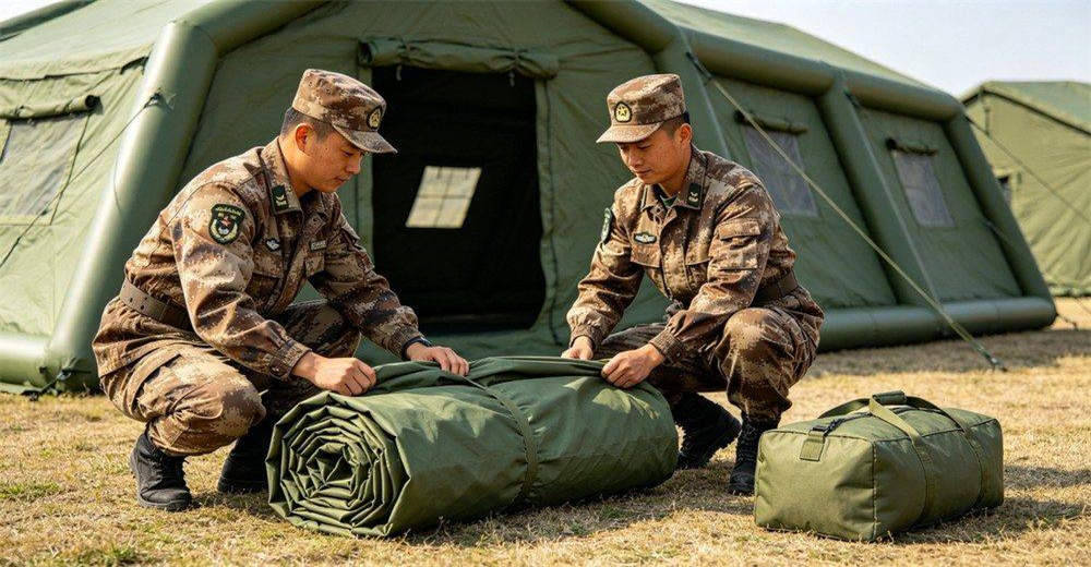 Soldiers rapidly packing and folding military inflatable tent after deflation, showing coordinated team effort, systematic folding technique and compact rolling process, demonstrating quick teardown capability for rapid relocation and field mobility Soldiers rapidly packing and folding military inflatable tent after deflation, showing coordinated team effort, systematic folding technique and compact rolling process, demonstrating quick teardown capability for rapid relocation and field mobility