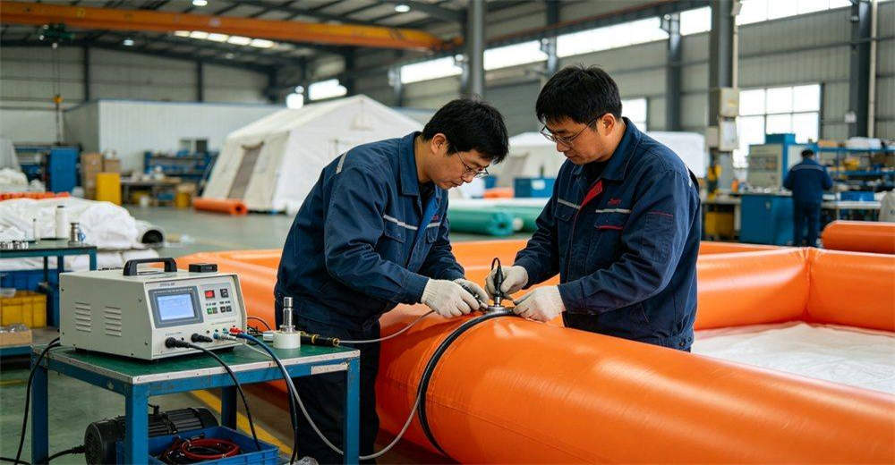 Factory production capability showing modern manufacturing line for military inflatable tents, with automated cutting machines, high-frequency welding equipment, quality inspection stations and organized assembly workflow, demonstrating large-scale production capacity Factory production capability showing modern manufacturing line for military inflatable tents, with automated cutting machines, high-frequency welding equipment, quality inspection stations and organized assembly workflow, demonstrating large-scale production capacity