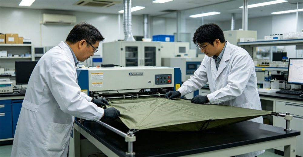 Quality inspection process for military inflatable tents showing raw material testing, weld strength verification, air leakage testing, dimensional checks and final product inspection, demonstrating rigorous quality assurance throughout manufacturing process Quality inspection process for military inflatable tents showing raw material testing, weld strength verification, air leakage testing, dimensional checks and final product inspection, demonstrating rigorous quality assurance throughout manufacturing process