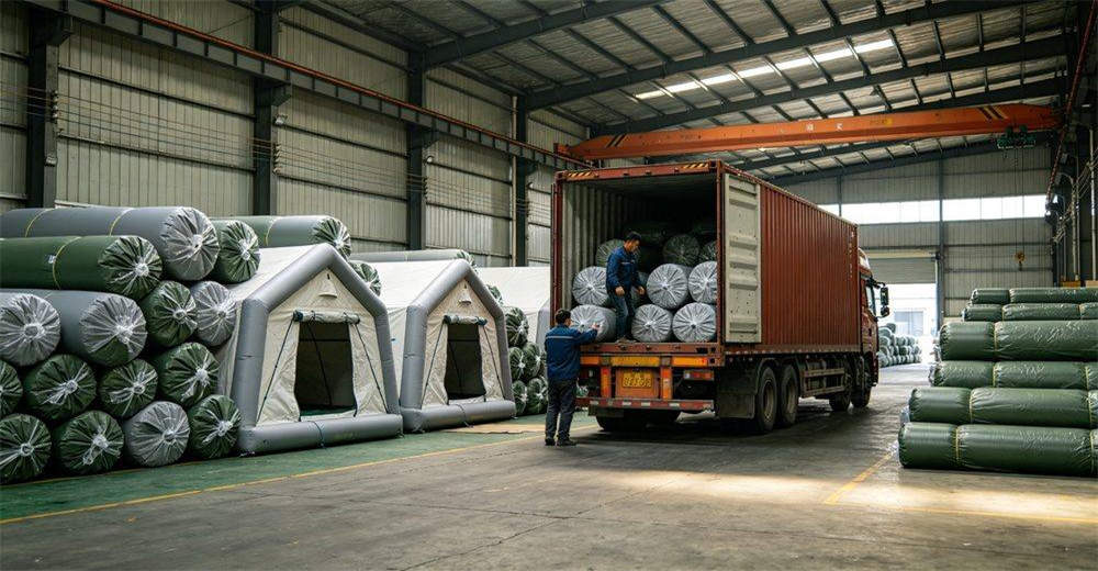 Raw material inspection of military-grade PVC fabric showing tensile strength testing, thickness measurement, color consistency check, waterproof coating verification and flame retardant testing, ensuring only highest quality materials enter production process Raw material inspection of military-grade PVC fabric showing tensile strength testing, thickness measurement, color consistency check, waterproof coating verification and flame retardant testing, ensuring only highest quality materials enter production process