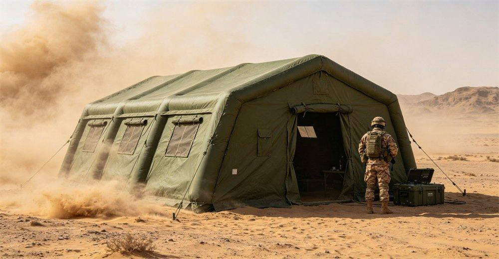 Military inflatable tent in desert sandy environment with blowing dust and sand, showing tent withstanding harsh arid conditions, maintaining interior cleanliness and providing shade, demonstrating reliable performance in extreme desert field operations Military inflatable tent in desert sandy environment with blowing dust and sand, showing tent withstanding harsh arid conditions, maintaining interior cleanliness and providing shade, demonstrating reliable performance in extreme desert field operations