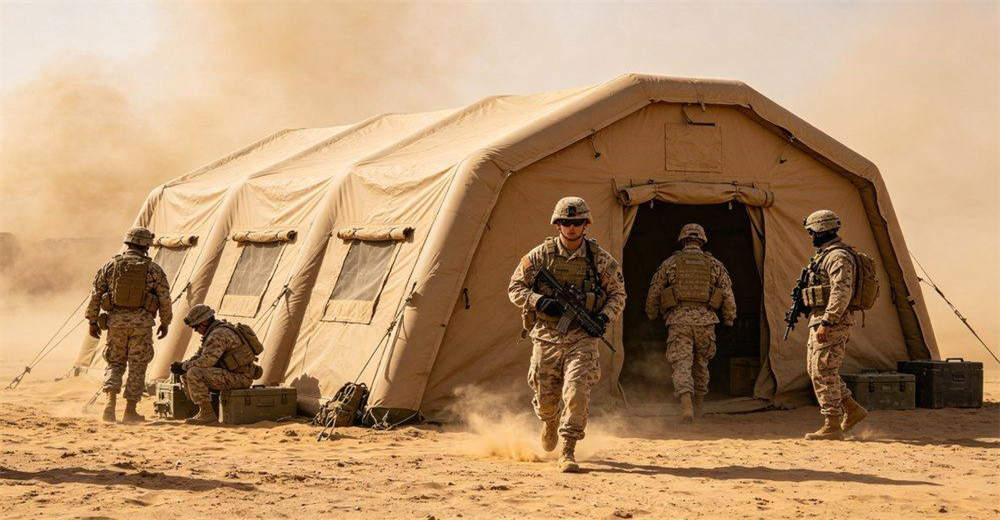 Multiple personnel using military inflatable tent simultaneously, showing team collaboration, shared workspace, comfortable capacity and organized interior layout, demonstrating tent ability to accommodate groups for command, meetings and field operations Multiple personnel using military inflatable tent simultaneously, showing team collaboration, shared workspace, comfortable capacity and organized interior layout, demonstrating tent ability to accommodate groups for command, meetings and field operations