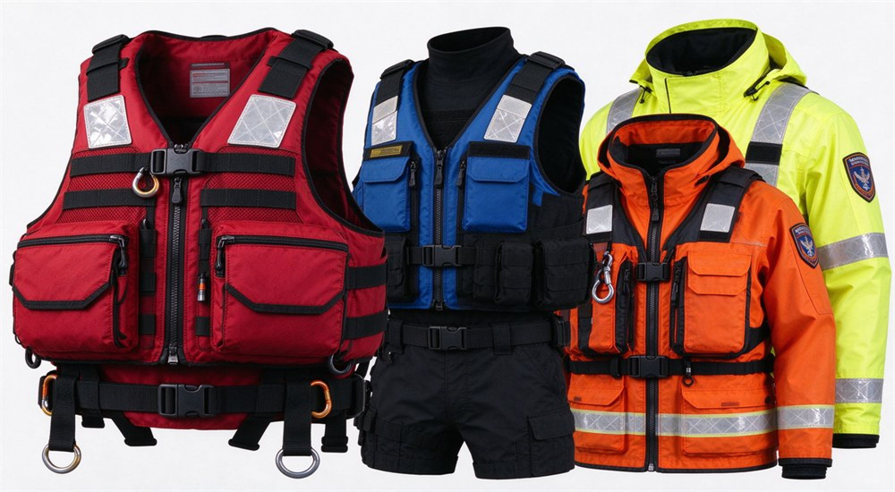 Wide studio shot of five professional water rescue life jackets in red blue orange black and yellow with MOLLE webbing D-rings and reflective strips for bulk wholesale Wide studio shot of five professional water rescue life jackets in red blue orange black and yellow with MOLLE webbing D-rings and reflective strips for bulk wholesale
