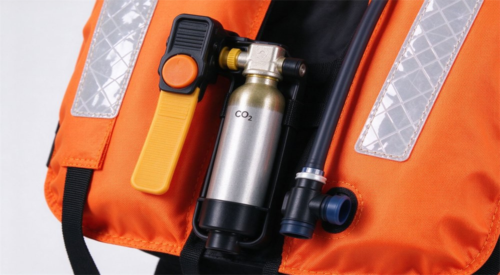 Close-up detail of automatic inflatable life jacket with CO2 cylinder manual pull tab oral inflation tube and reflective strips showing inflation mechanism for rescue professionals Close-up detail of automatic inflatable life jacket with CO2 cylinder manual pull tab oral inflation tube and reflective strips showing inflation mechanism for rescue professionals