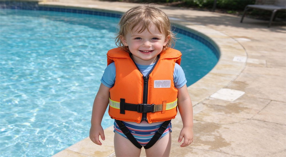 Outdoor portrait of young Caucasian child wearing bright orange children life jacket with crotch strap and head support smiling by swimming pool for family water safety Outdoor portrait of young Caucasian child wearing bright orange children life jacket with crotch strap and head support smiling by swimming pool for family water safety