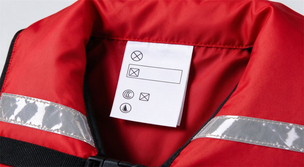 Close-up detail of inner side certification label on red water rescue life jacket showing ISO SGS CE symbol markings only with no readable text on white background Close-up detail of inner side certification label on red water rescue life jacket showing ISO SGS CE symbol markings only with no readable text on white background