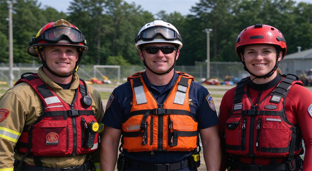 Group portrait of three professional water rescue users firefighter in red coast guard in orange and rescuer in yellow wearing matching life jackets on white studio background Group portrait of three professional water rescue users firefighter in red coast guard in orange and rescuer in yellow wearing matching life jackets on white studio background