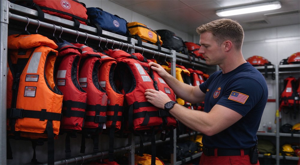 Indoor shot of Caucasian rescue team captain selecting water rescue life jackets from metal shelves in bright organized equipment storage room for institutional procurement Indoor shot of Caucasian rescue team captain selecting water rescue life jackets from metal shelves in bright organized equipment storage room for institutional procurement