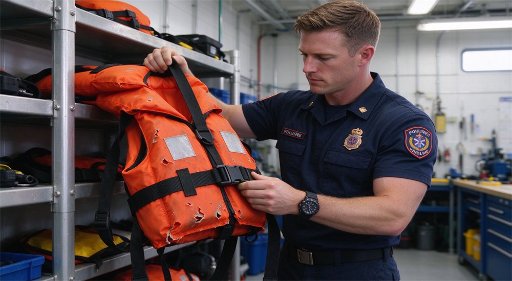 Indoor shot of Caucasian rescuer inspecting orange water rescue life jacket for wear and tear damage in bright manufacturing workshop during routine maintenance check Indoor shot of Caucasian rescuer inspecting orange water rescue life jacket for wear and tear damage in bright manufacturing workshop during routine maintenance check