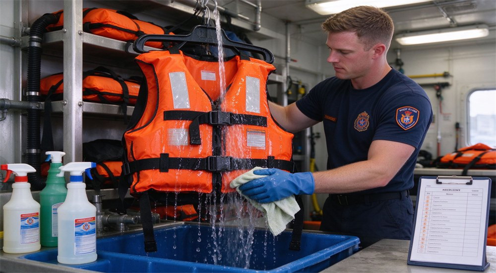 Application shot of rescue worker rinsing orange water rescue life jacket with fresh water after use showing proper maintenance and cleaning procedure for extended service life Application shot of rescue worker rinsing orange water rescue life jacket with fresh water after use showing proper maintenance and cleaning procedure for extended service life