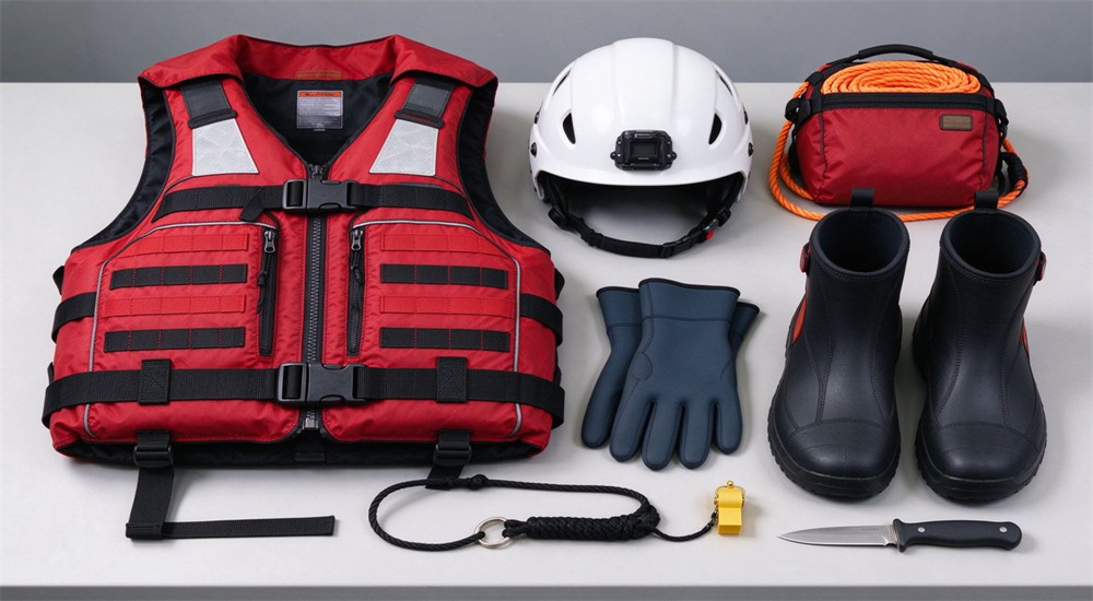 Top-down flat lay of complete water rescue PPE system including red life jacket helmet gloves boots throw rope bag whistle and rescue knife arranged on white studio background Top-down flat lay of complete water rescue PPE system including red life jacket helmet gloves boots throw rope bag whistle and rescue knife arranged on white studio background