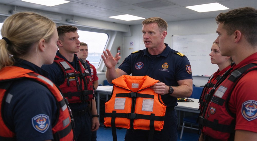 Indoor shot of Caucasian rescue instructor teaching students about water rescue life jacket safety and proper donning technique in bright training classroom environment Indoor shot of Caucasian rescue instructor teaching students about water rescue life jacket safety and proper donning technique in bright training classroom environment