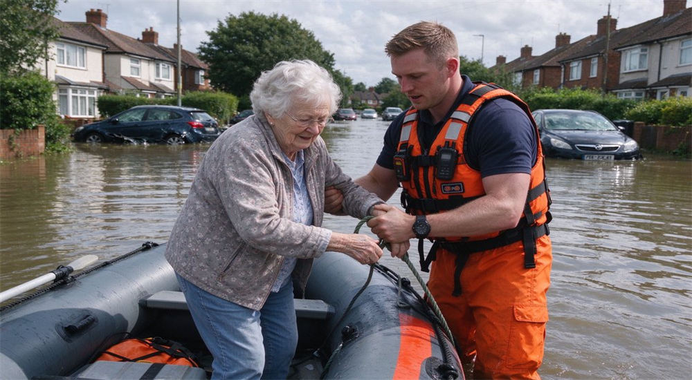 Action shot of Caucasian rescuer in orange water rescue life jacket helping elderly woman onto inflatable boat during flood evacuation in flooded residential area Action shot of Caucasian rescuer in orange water rescue life jacket helping elderly woman onto inflatable boat during flood evacuation in flooded residential area