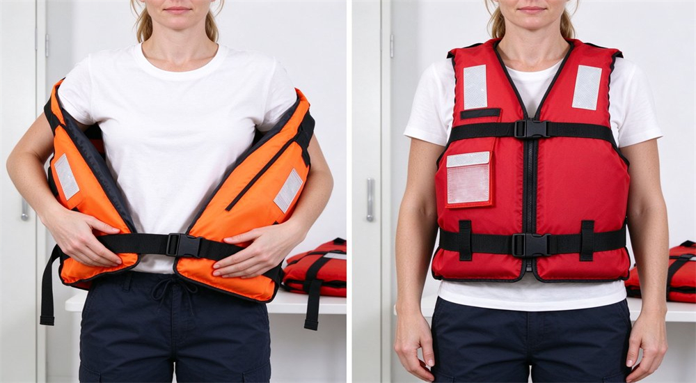 Split-screen comparison showing loose slipping life jacket on left versus properly worn adjusted tight fit with all buckles secured on right side on white background Split-screen comparison showing loose slipping life jacket on left versus properly worn adjusted tight fit with all buckles secured on right side on white background