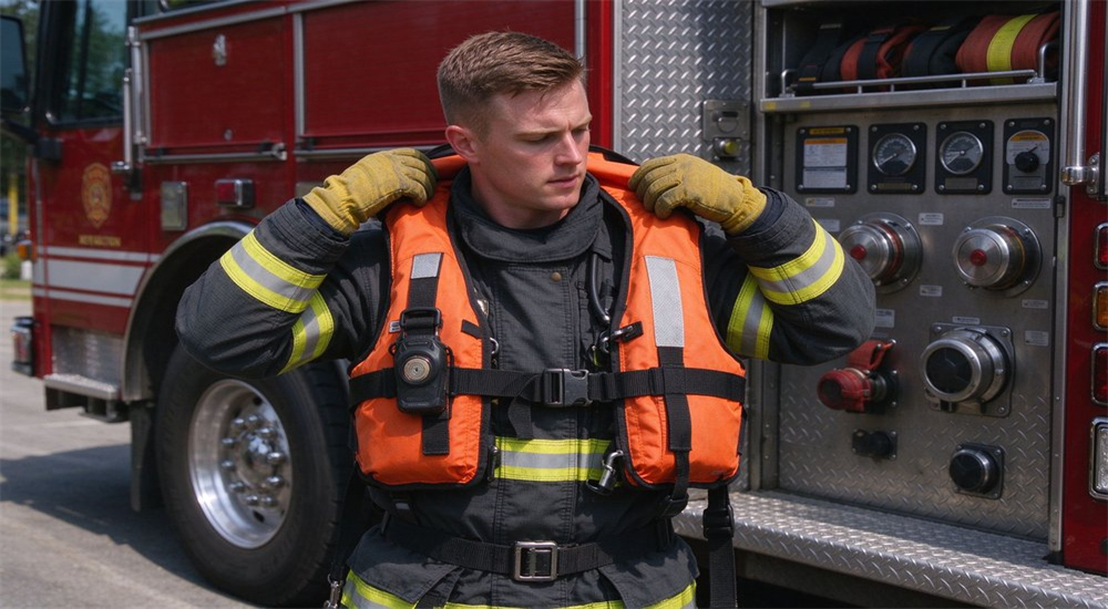 Outdoor portrait of Caucasian firefighter wearing orange professional water rescue life jacket standing next to red fire truck outside fire station ready for deployment Outdoor portrait of Caucasian firefighter wearing orange professional water rescue life jacket standing next to red fire truck outside fire station ready for deployment