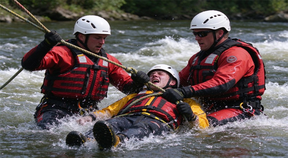 Action shot of two Caucasian rescuers in red swiftwater life jackets performing rope rescue in fast-moving turbulent whitewater river showing professional equipment in real operation Action shot of two Caucasian rescuers in red swiftwater life jackets performing rope rescue in fast-moving turbulent whitewater river showing professional equipment in real operation