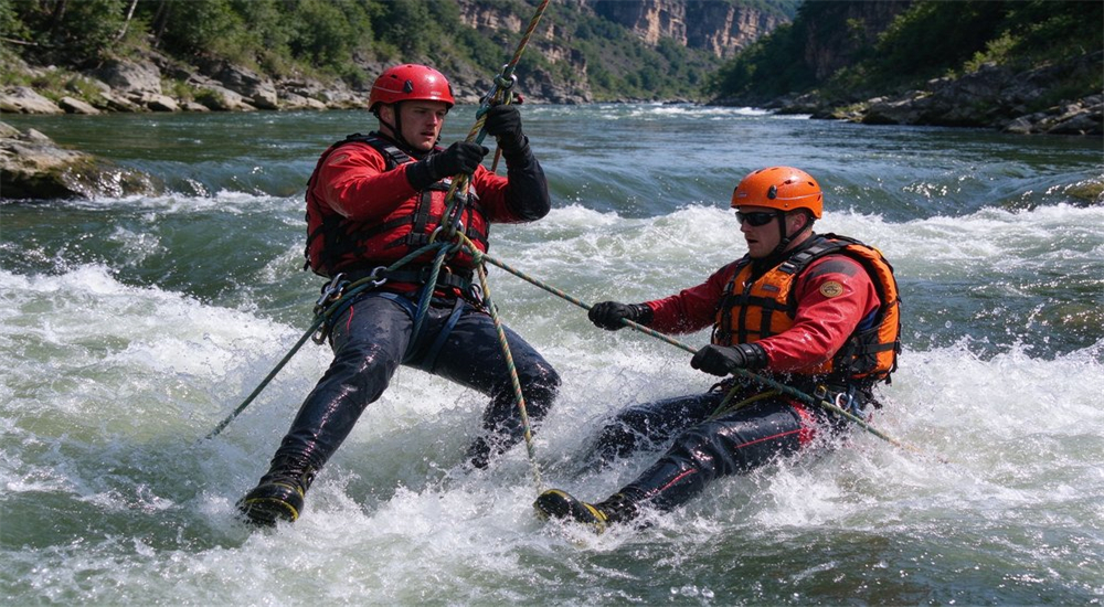 Action shot of swiftwater rapids rescue operation with rescuers wearing red professional life jackets performing rope rescue in turbulent river conditions Action shot of swiftwater rapids rescue operation with rescuers wearing red professional life jackets performing rope rescue in turbulent river conditions