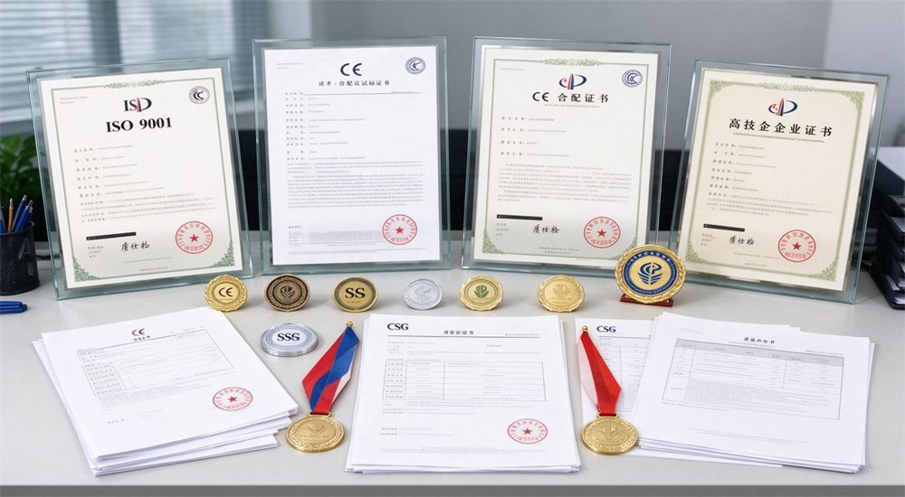 Flat layout of international safety certification badges including ISO SGS CE and high-tech enterprise certificates arranged neatly on dark blue background for water rescue life jacket wholesale Flat layout of international safety certification badges including ISO SGS CE and high-tech enterprise certificates arranged neatly on dark blue background for water rescue life jacket wholesale