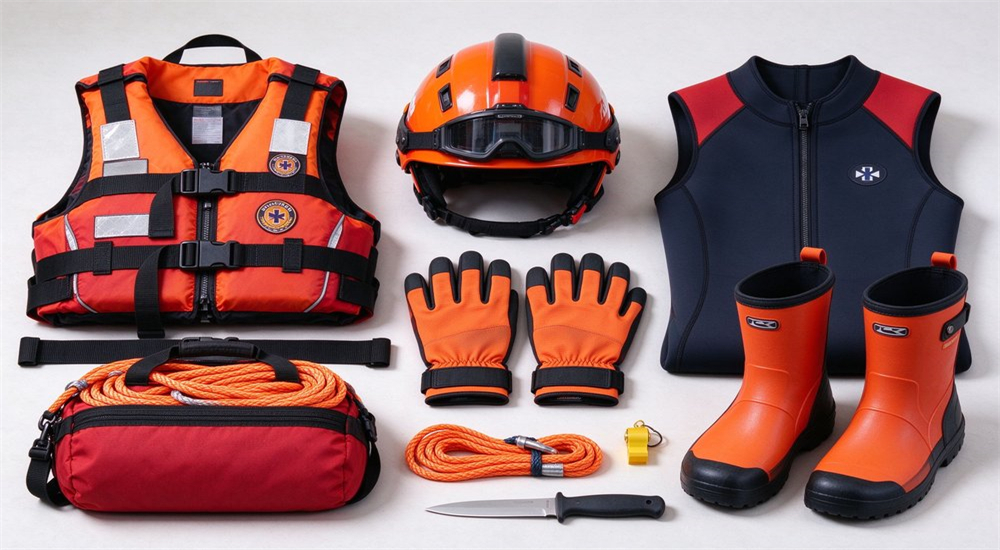 Top-down layout of complete water rescue PPE equipment including life jacket helmet gloves boots and accessories arranged neatly on white studio background Top-down layout of complete water rescue PPE equipment including life jacket helmet gloves boots and accessories arranged neatly on white studio background