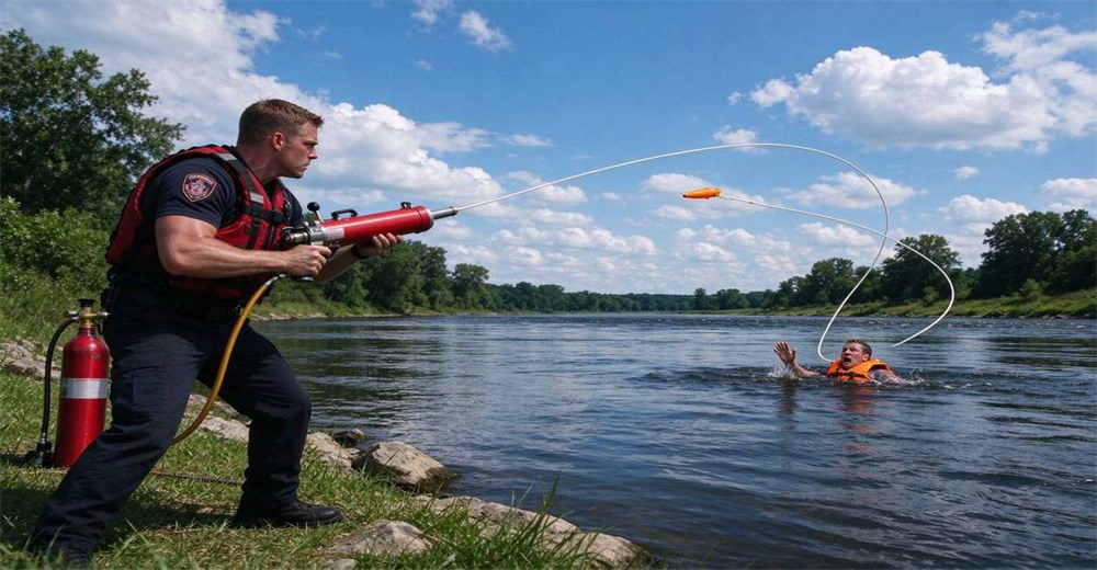 Side-by-side comparison of hand-thrown rescue rope bag versus pneumatic line thrower, showing distance accuracy and safety advantages of compressed air system Side-by-side comparison of hand-thrown rescue rope bag versus pneumatic line thrower, showing distance accuracy and safety advantages of compressed air system