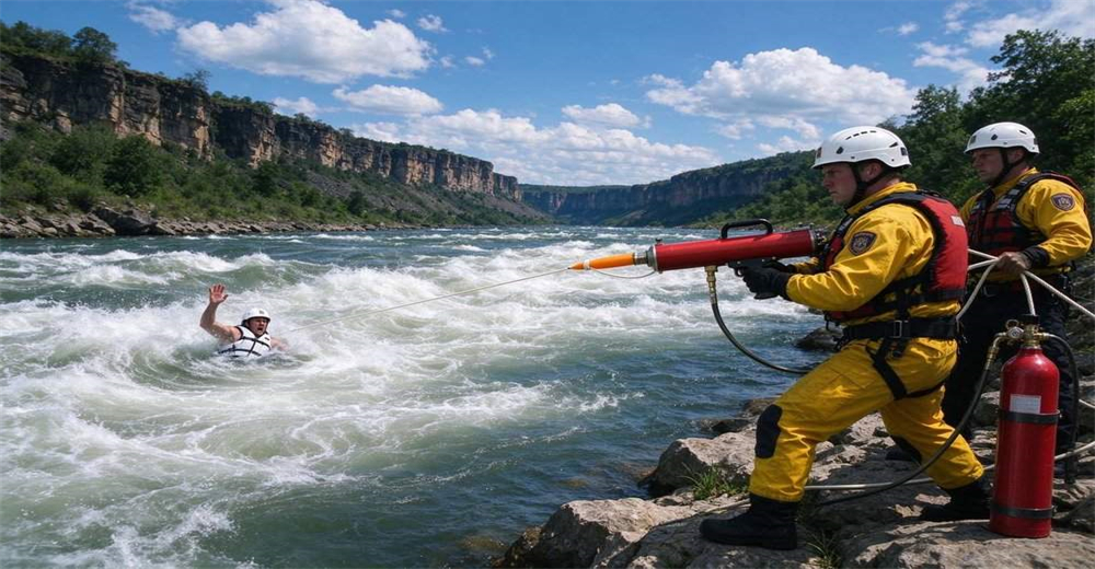 Whitewater river rescue with pneumatic line thrower, swiftwater flood rescue team deploying portable rope launcher across fast flowing river current Whitewater river rescue with pneumatic line thrower, swiftwater flood rescue team deploying portable rope launcher across fast flowing river current