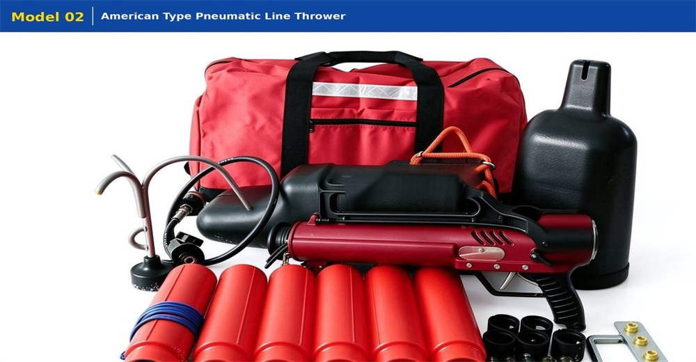 American-style pneumatic line thrower full kit on white background, heavy duty red launcher with black stock titanium anchor hook and projectile set product photo American-style pneumatic line thrower full kit on white background, heavy duty red launcher with black stock titanium anchor hook and projectile set product photo